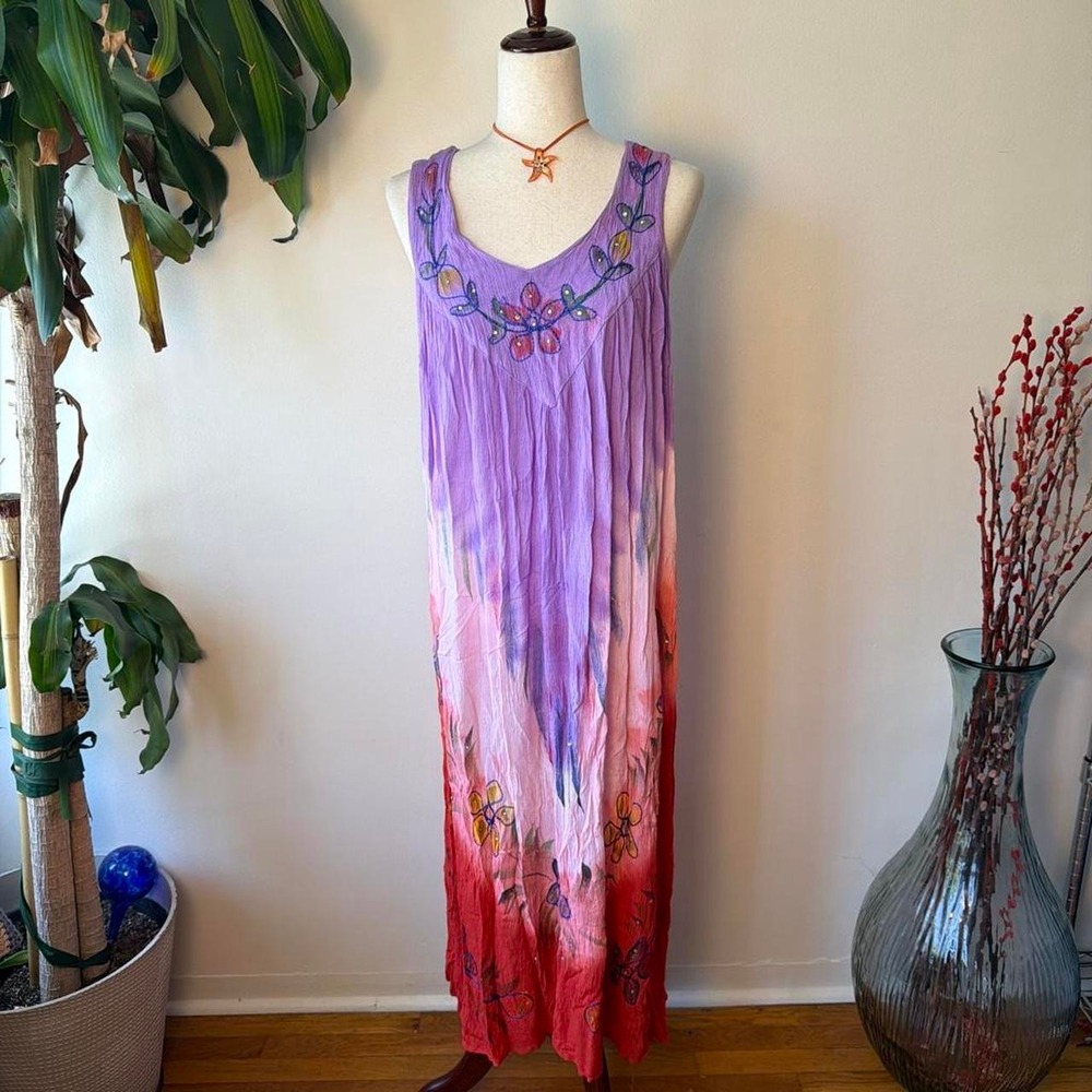 True Rock Boho Sequin Tie Dye Embroidery Maxi Dress Purple Pink Red OS